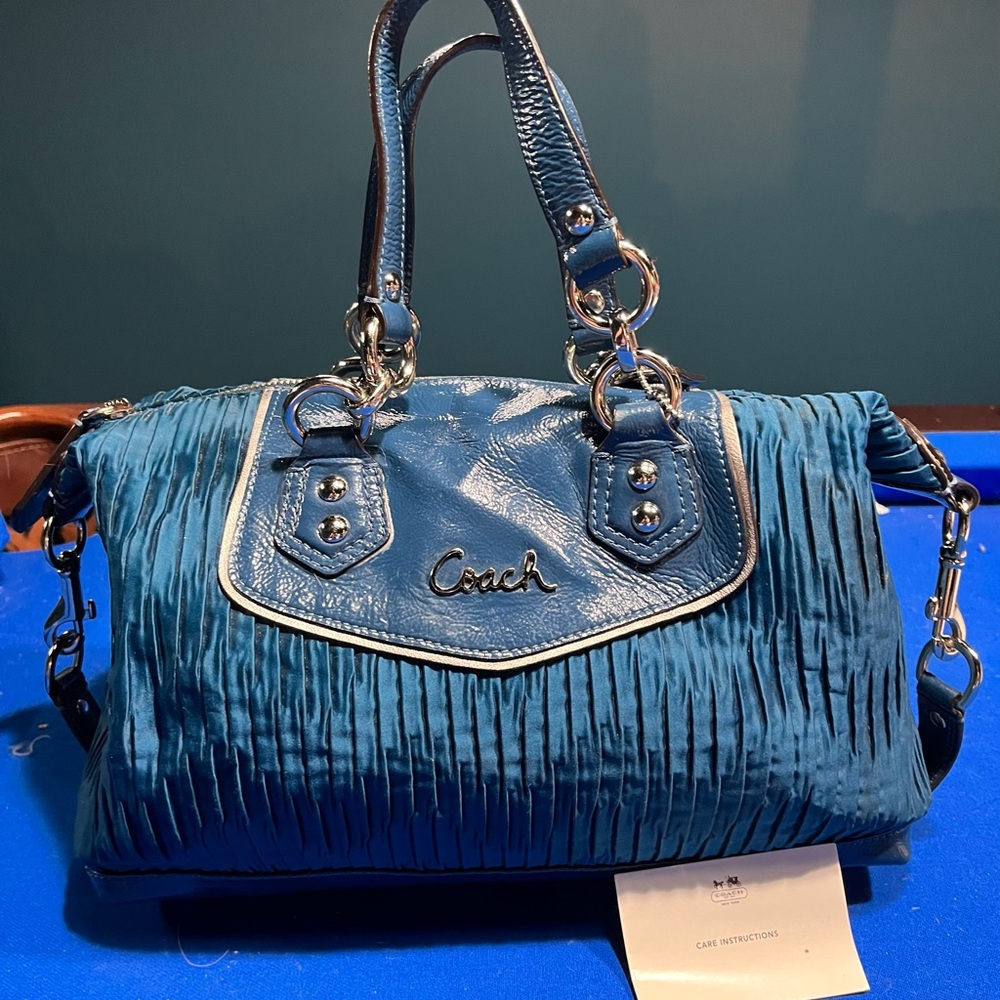 Coach Ashley Ocean Blue Gathered Satin Satchel Bag